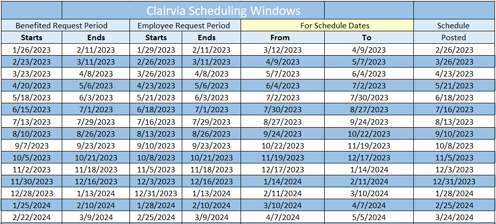 Clairvia schedule 2023